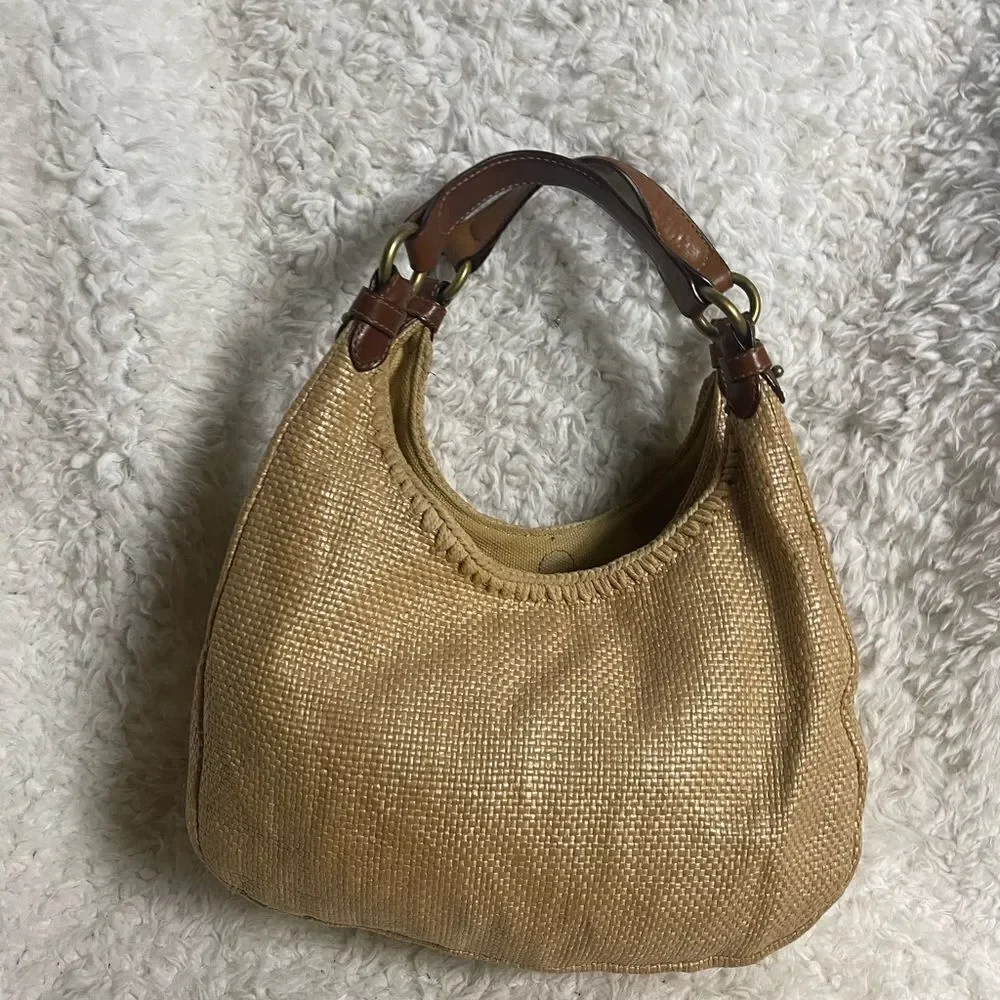 Forth & Towne Cognac synthetic woven Satchel beige embroidery tan leather straps